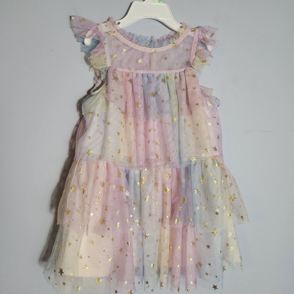 Pink & Violet Rainbow Tulle Tiered Dress Gold Stars, Size 3T